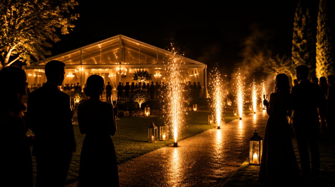 Goldene Bodenfontänen entlang eines Weges vor einem Zelt in der Nacht